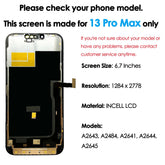 Mumzar iPhone 13 Pro Max LCD replacement display assembly showing front screen and flex cable